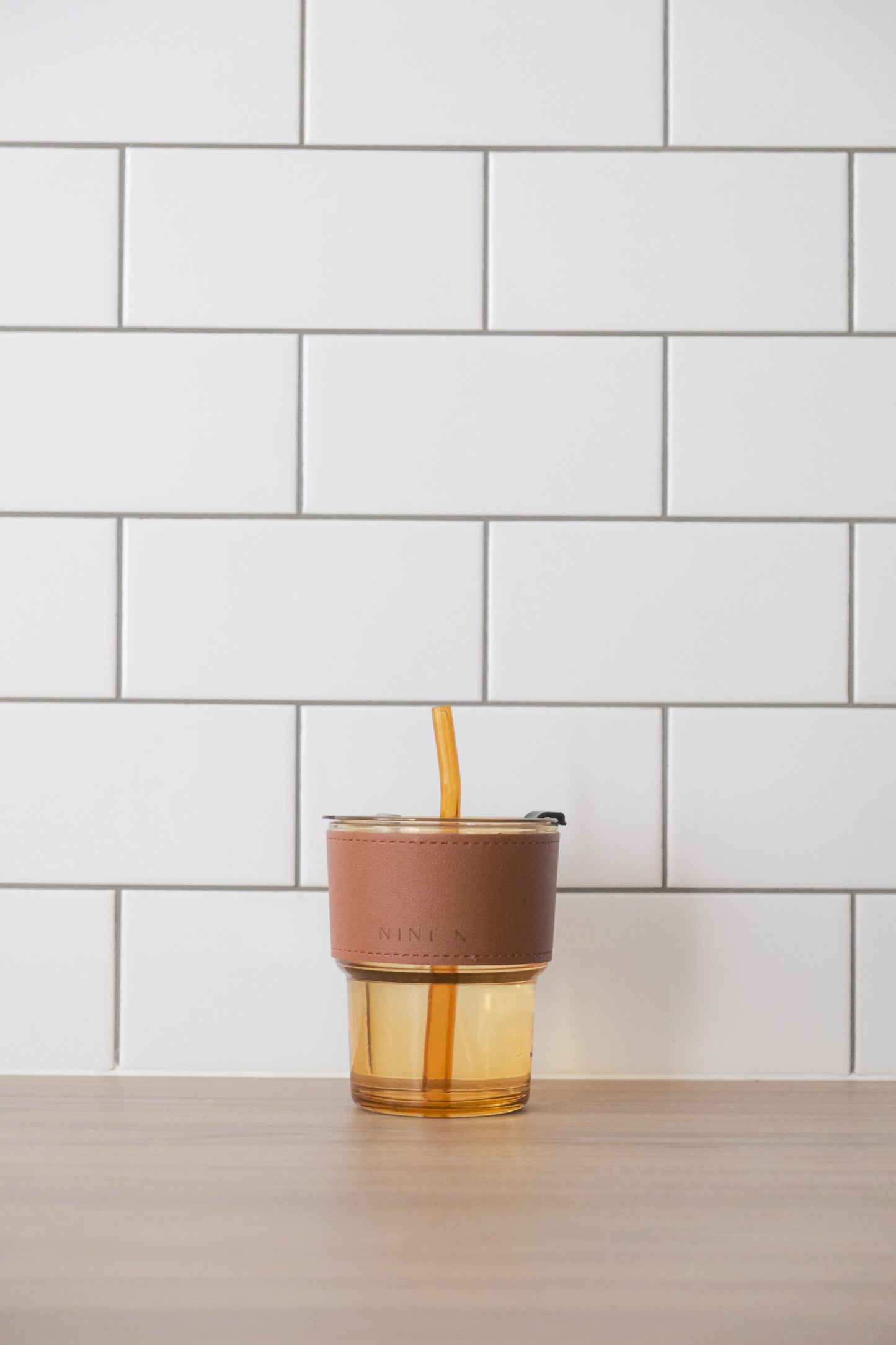 Kyoui Glass Tumbler with Straw and Faux Leather Holder